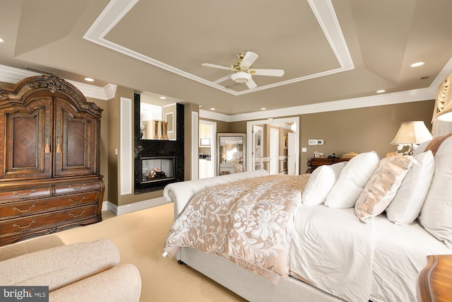 14950 Kelley Farm, Darnestown, MD 20874 - bedroom featuring a raised ceiling, crown molding, a multi sided fireplace, recessed lighting, and a ceiling fan