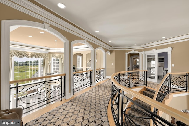 14950 Kelley Farm, Darnestown, MD 20874 - hall featuring an upstairs landing, ornamental molding, recessed lighting, wood finished floors, and a chandelier