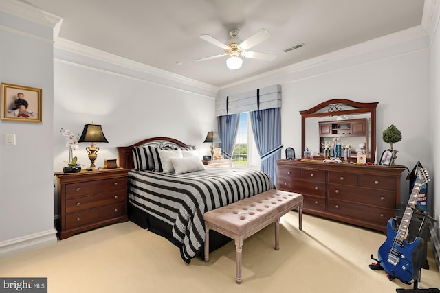 bedroom with light carpet, ceiling fan, and ornamental molding