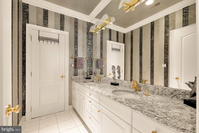 bathroom featuring vanity, tile patterned floors, and ornamental molding