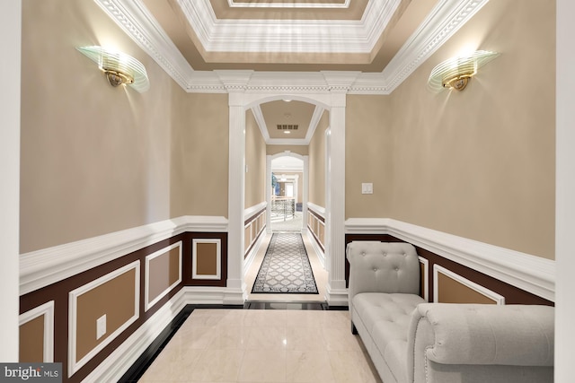 14950 Kelley Farm, Darnestown, MD 20874 - hallway with a decorative wall, inlaid floor details, wainscoting, arched walkways, and ornamental molding