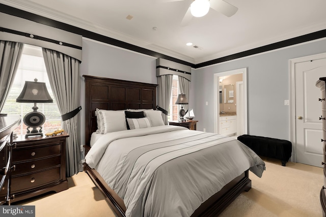 14950 Kelley Farm, Darnestown, MD 20874 - carpeted bedroom with crown molding, connected bathroom, and a ceiling fan