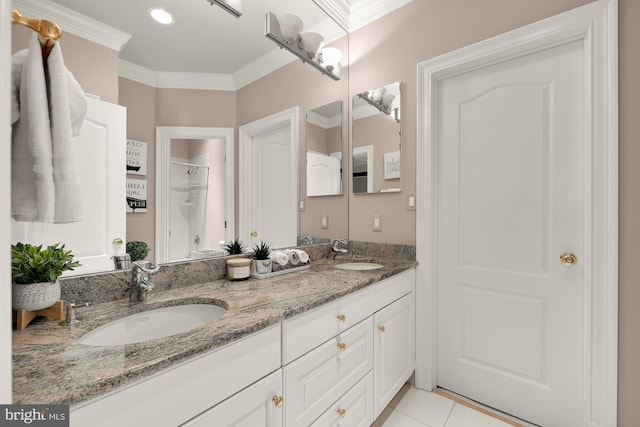 14950 Kelley Farm, Darnestown, MD 20874 - bathroom featuring a shower, double vanity, crown molding, and tile patterned floors