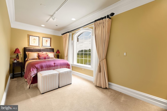 carpeted bedroom with crown molding and rail lighting