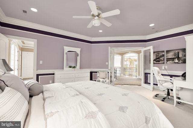 14950 Kelley Farm, Darnestown, MD 20874 - bedroom with ornamental molding, carpet floors, a wainscoted wall, ceiling fan, and recessed lighting