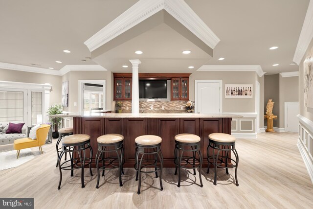 14950 Kelley Farm, Darnestown, MD 20874 - indoor wet bar with light wood-type flooring, decorative backsplash, recessed lighting, a wainscoted wall, and ornamental molding