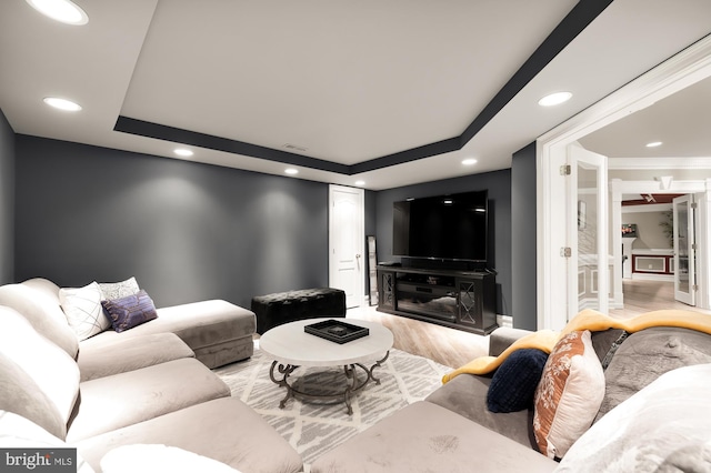 living room featuring light wood-type flooring and a raised ceiling