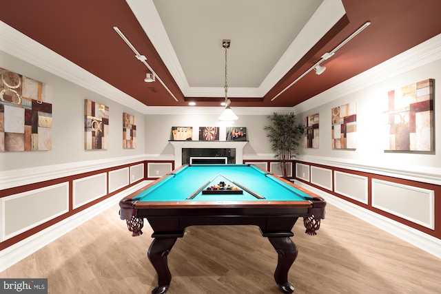 rec room featuring rail lighting, crown molding, light hardwood / wood-style floors, a tray ceiling, and pool table