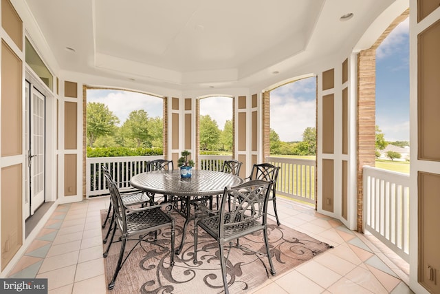 14950 Kelley Farm, Darnestown, MD 20874 - sunroom featuring tile patterned flooring, a tray ceiling, and outdoor dining space