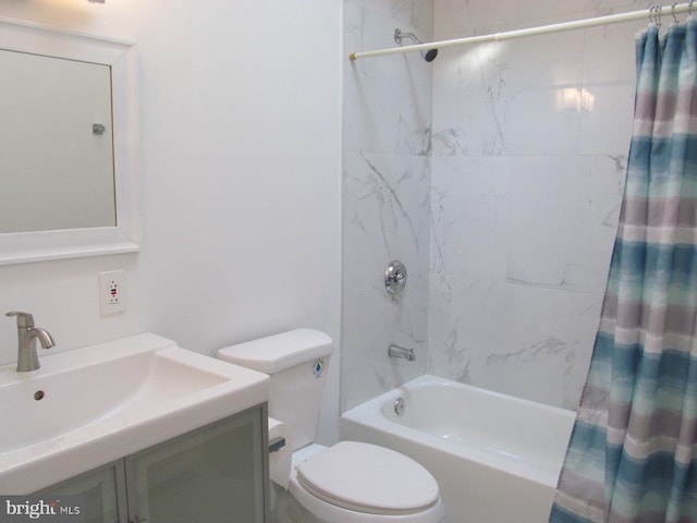 full bathroom with toilet, shower / tub combo with curtain, and vanity