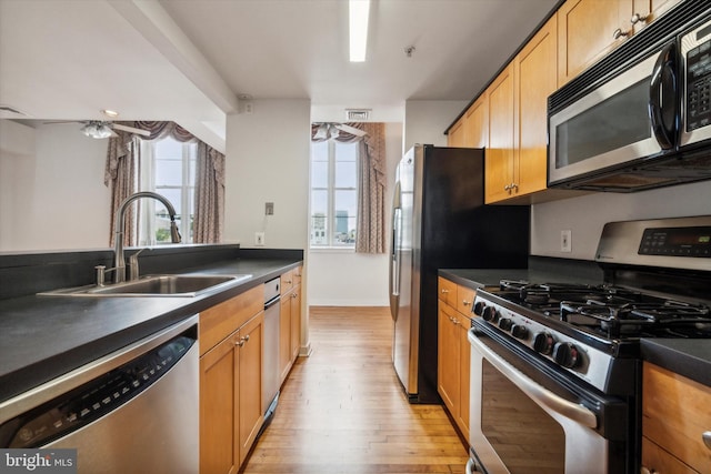 kitchen with stainless steel appliances, light hardwood / wood-style floors, and sink