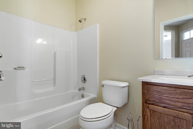 full bathroom with vanity, bathtub / shower combination, and toilet