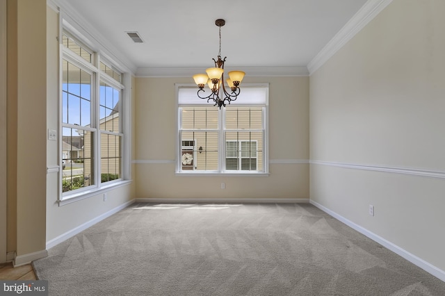 unfurnished dining area with light colored carpet, crown molding, and a notable chandelier