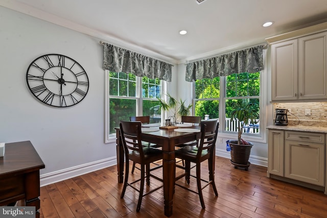 dining area with a wealth of natural light and dark wood-type flooring