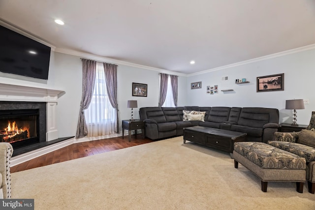 living room featuring hardwood / wood-style floors and ornamental molding