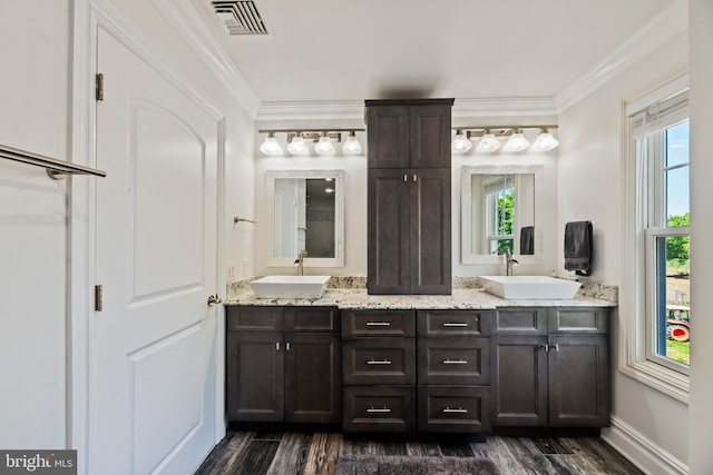 bathroom featuring vanity, wood-type flooring, and ornamental molding