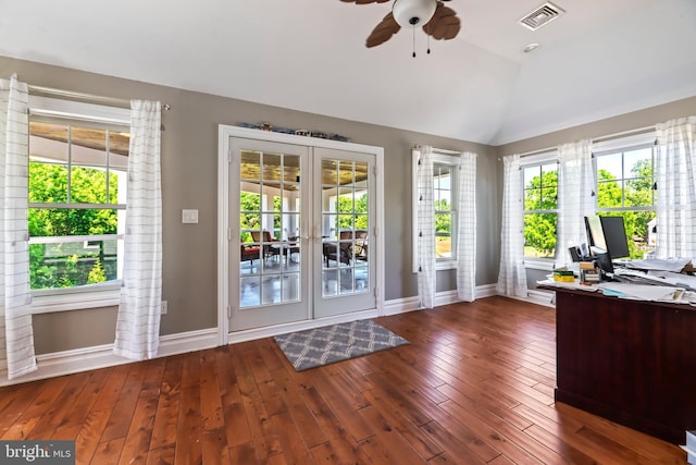 doorway featuring dark hardwood / wood-style floors, ceiling fan, french doors, and vaulted ceiling