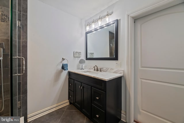 bathroom featuring tile patterned floors, vanity, and walk in shower