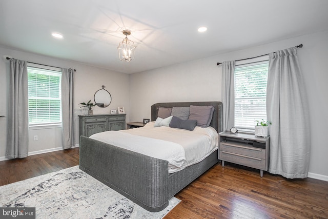 bedroom featuring multiple windows and dark hardwood / wood-style floors