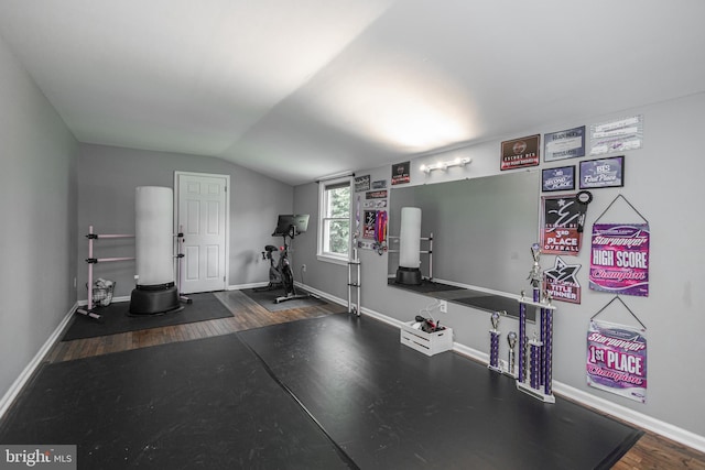 workout room with dark hardwood / wood-style flooring and vaulted ceiling