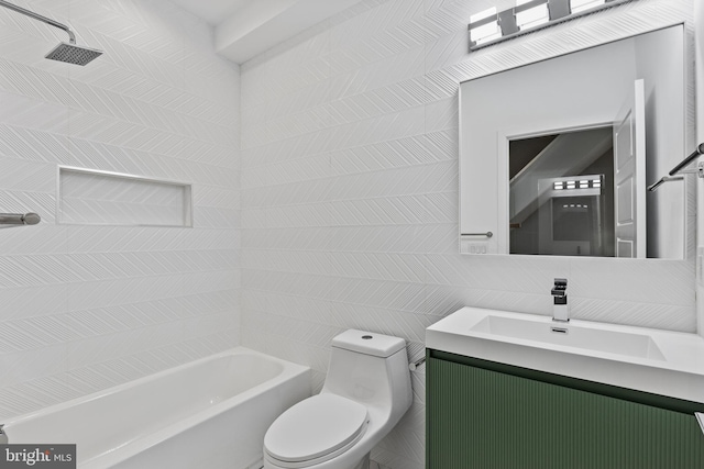 full bathroom featuring toilet, shower / bath combination, tile walls, and vanity