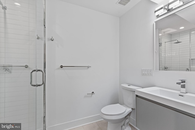 bathroom featuring a stall shower, visible vents, toilet, tile patterned flooring, and vanity