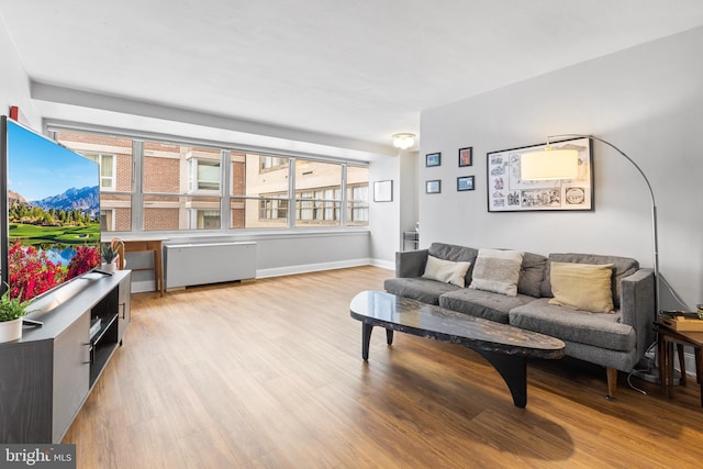 living room featuring a healthy amount of sunlight, light wood-type flooring, and radiator heating unit