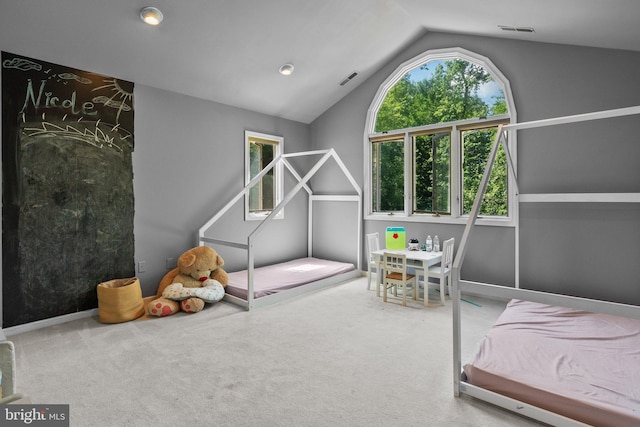 bedroom with carpet flooring and vaulted ceiling