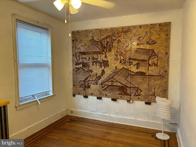 interior details featuring ceiling fan and wood-type flooring