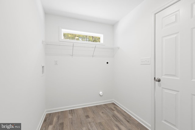 laundry area featuring hookup for an electric dryer, wood-type flooring, and washer hookup