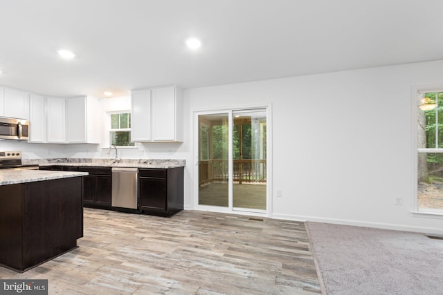 kitchen with light wood-type flooring, stainless steel appliances, and plenty of natural light