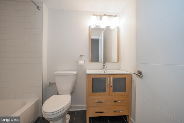 full bathroom featuring toilet, shower / bathing tub combination, vanity, and tile patterned floors