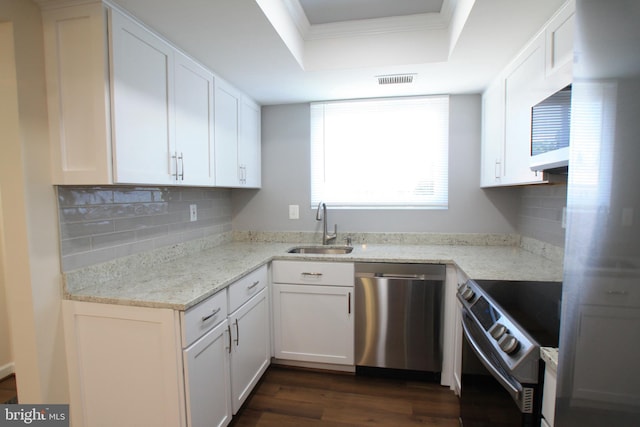 kitchen featuring a raised ceiling, sink, white cabinets, and stainless steel appliances