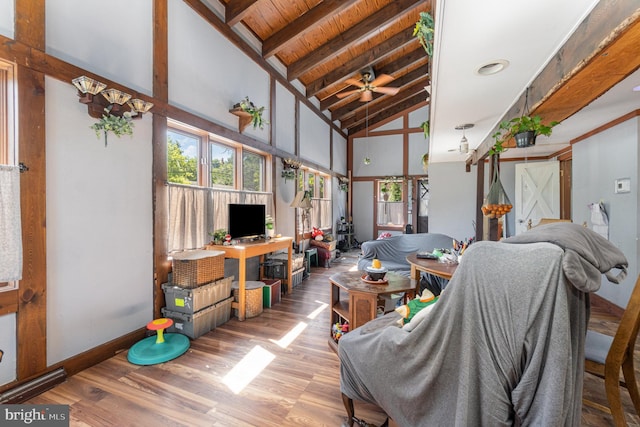 living room featuring ceiling fan, beam ceiling, high vaulted ceiling, wooden ceiling, and hardwood / wood-style floors