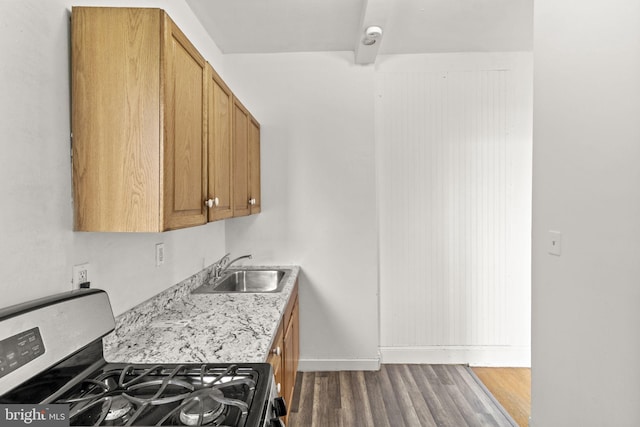 kitchen with light stone countertops, dark hardwood / wood-style flooring, gas stove, and sink