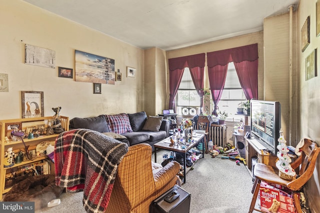 carpeted living room featuring radiator