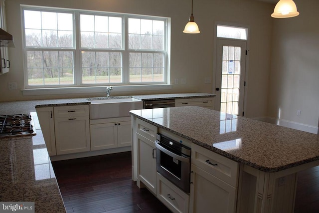 kitchen featuring a healthy amount of sunlight, dark hardwood / wood-style flooring, pendant lighting, white cabinets, and appliances with stainless steel finishes