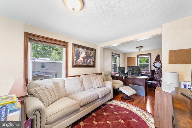 living room featuring a textured ceiling and hardwood / wood-style flooring