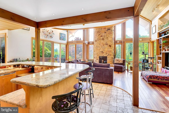 kitchen with a kitchen breakfast bar, light stone countertops, french doors, and a towering ceiling