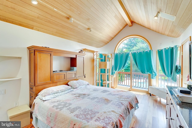 bedroom featuring access to exterior, lofted ceiling with beams, wood ceiling, and light hardwood / wood-style floors