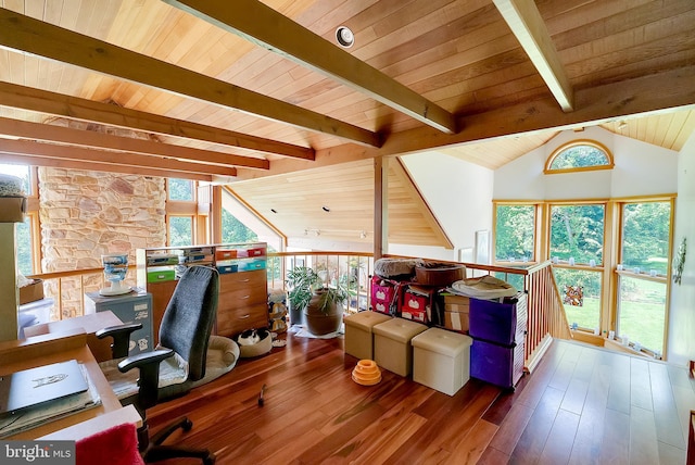 home office featuring wood-type flooring, vaulted ceiling with beams, and wood ceiling