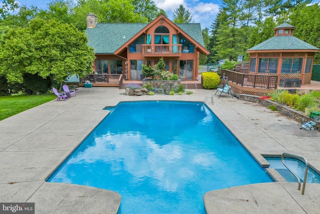 636 Almshouse Rd, Ivyland, PA 18974 - swimming pool with a wooden deck, a patio area, and a gazebo