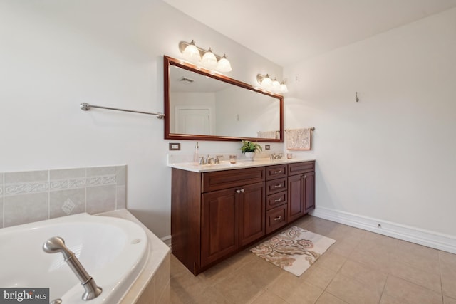 bathroom featuring tile patterned floors, vanity, and tiled bath