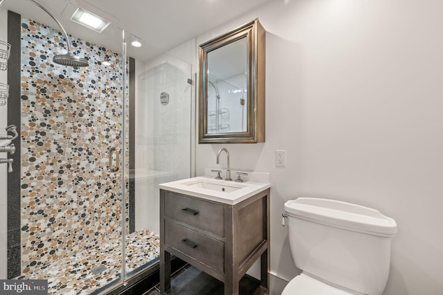 bathroom featuring vanity, toilet, and walk in shower