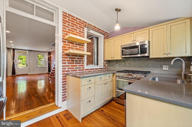 kitchen with light wood-type flooring, tasteful backsplash, stainless steel appliances, sink, and decorative light fixtures