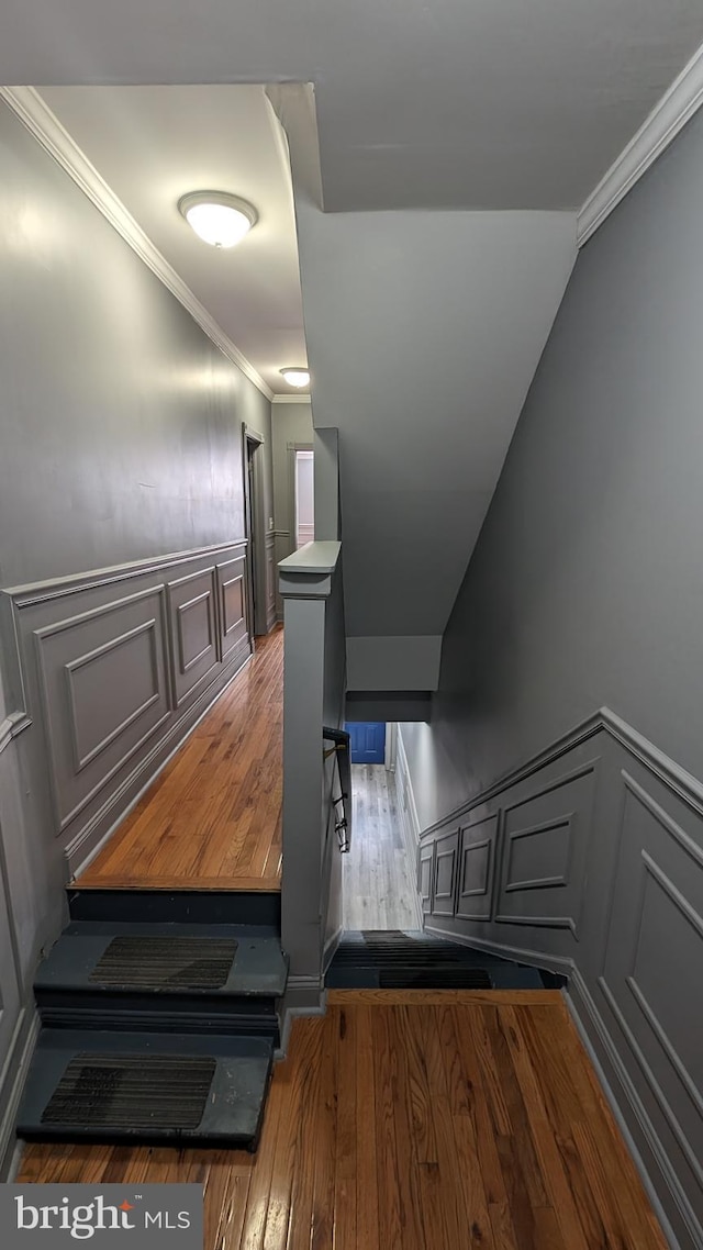 stairs featuring hardwood / wood-style flooring and ornamental molding