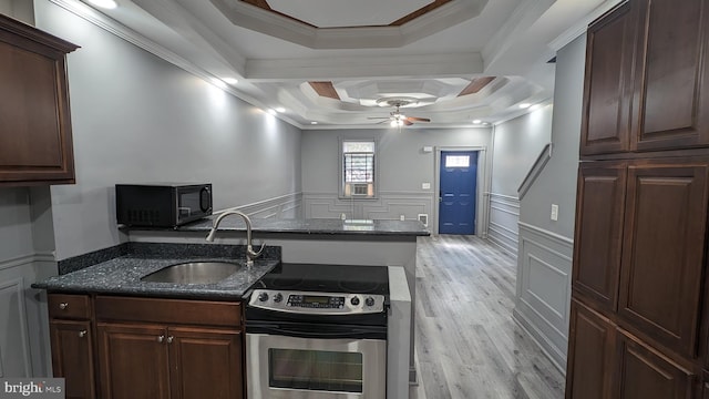 kitchen featuring crown molding, stainless steel electric range oven, sink, and light hardwood / wood-style flooring