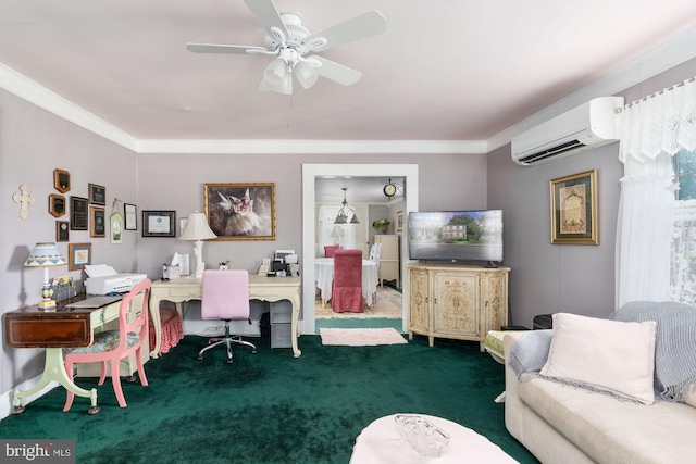 carpeted office space with ornamental molding, an AC wall unit, and ceiling fan