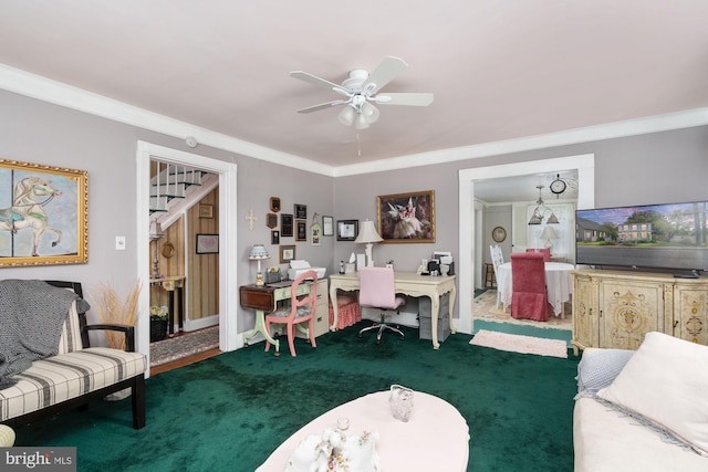 office area featuring ornamental molding, ceiling fan, and carpet flooring