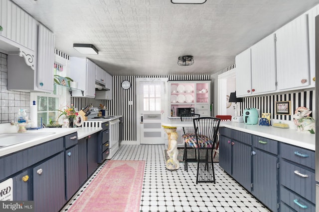 kitchen featuring white cabinetry, tasteful backsplash, blue cabinetry, sink, and stainless steel range